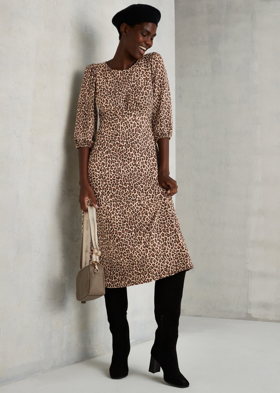 Brown Leopard Print 3/4 Sleeve Midi Dress