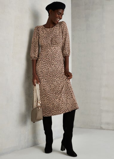 Brown Leopard Print 3/4 Sleeve Midi Dress