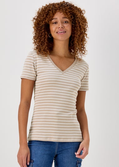 Beige V Neck T Shirt