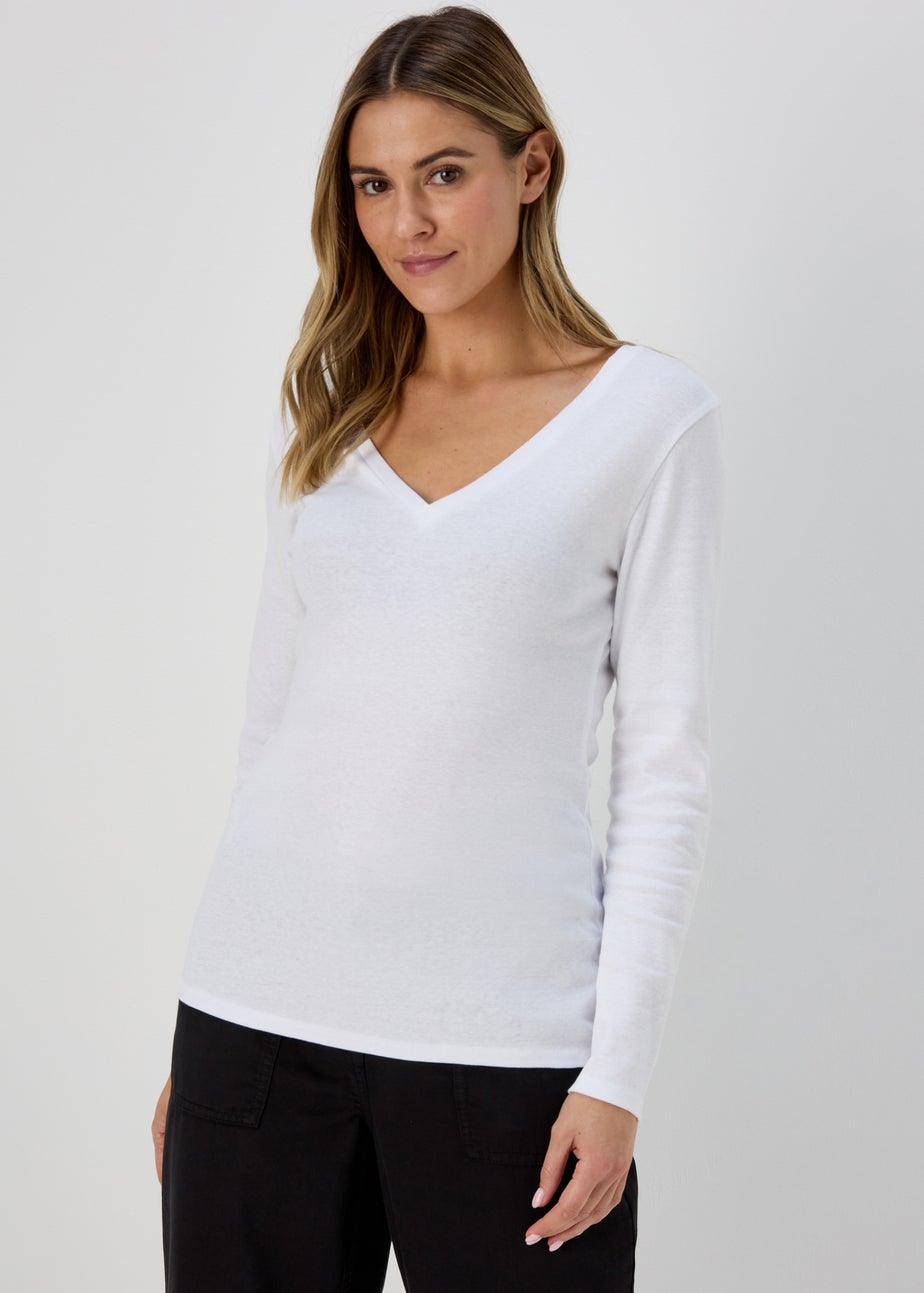 White V Neck Long Sleeve T Shirt