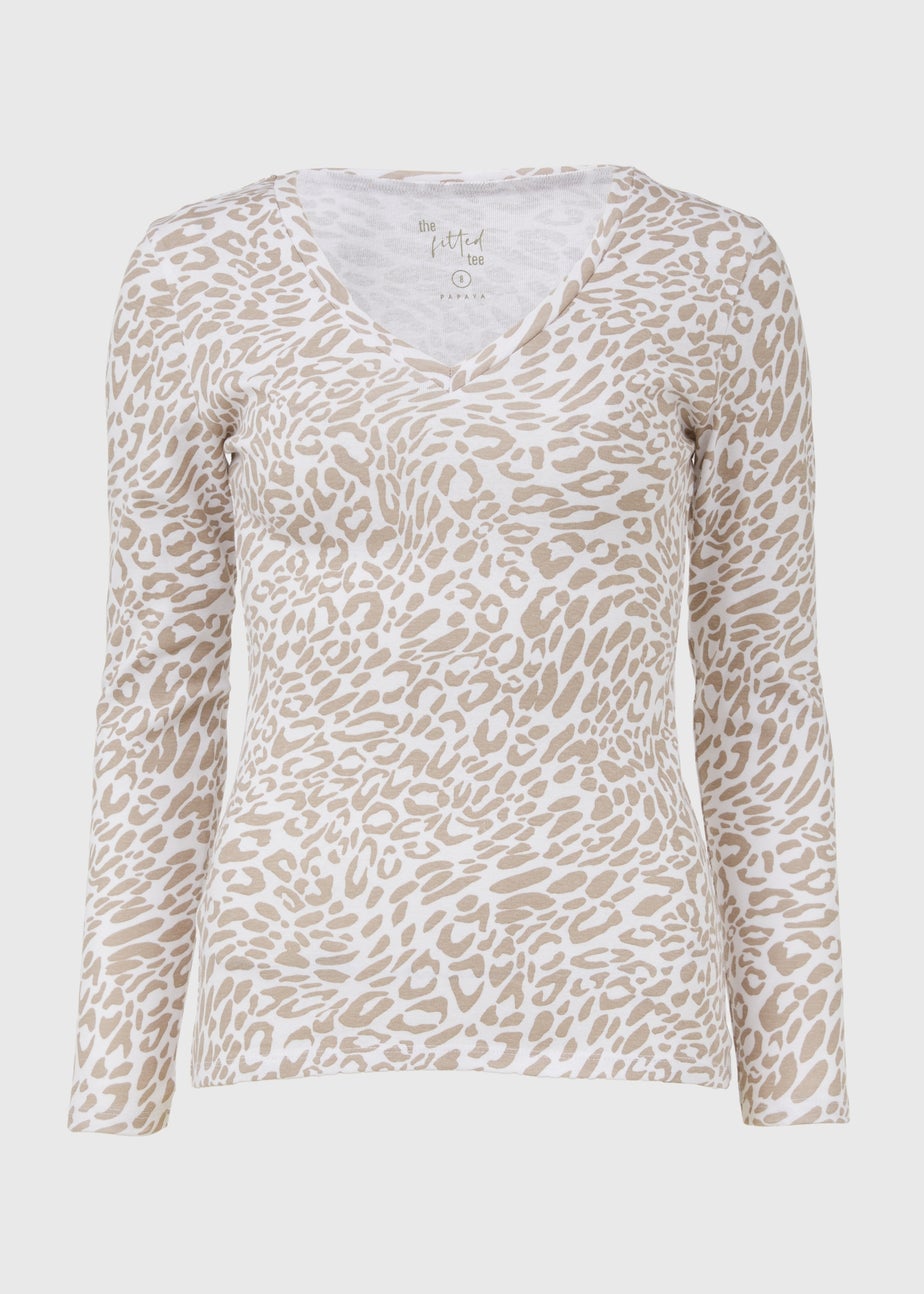 White Leopard V Neck Long Sleeve T Shirt