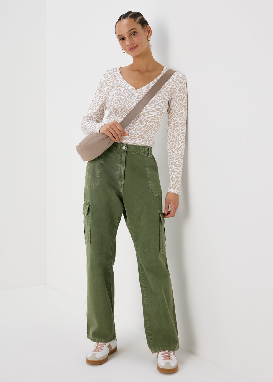 White Leopard V Neck Long Sleeve T Shirt