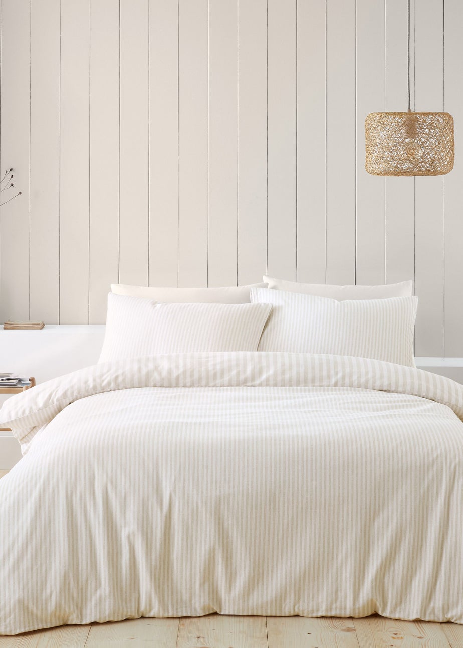 Catherine Lansfield Brushed Stripe Cotton Reversible Duvet Cover Set Natural
