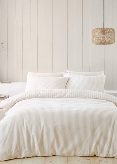Catherine Lansfield Brushed Stripe Cotton Reversible Duvet Cover Set Natural
