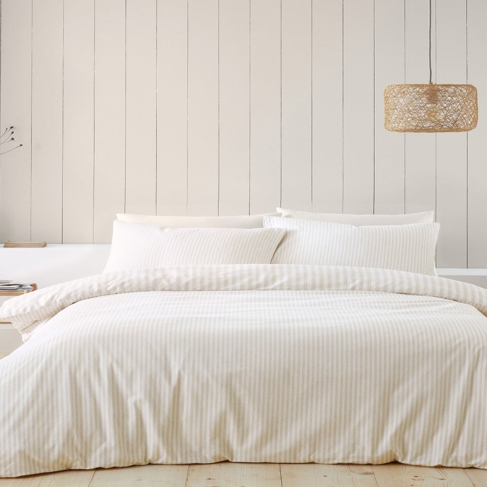 Catherine Lansfield Brushed Stripe Cotton Reversible Duvet Cover Set Natural