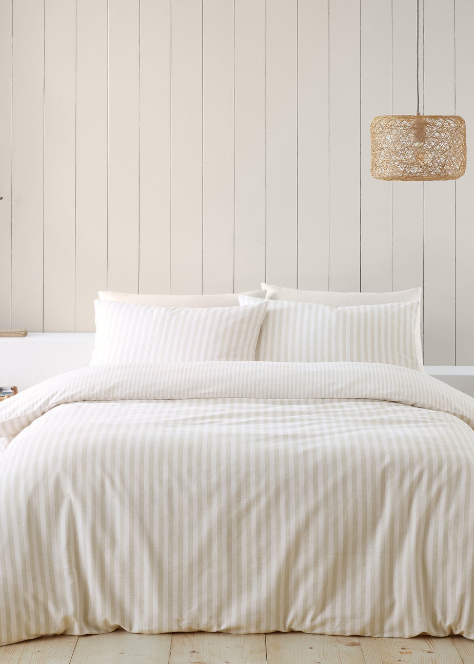 Catherine Lansfield Brushed Stripe Cotton Reversible Duvet Cover Set Natural
