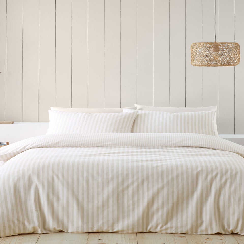 Catherine Lansfield Brushed Stripe Cotton Reversible Duvet Cover Set Natural