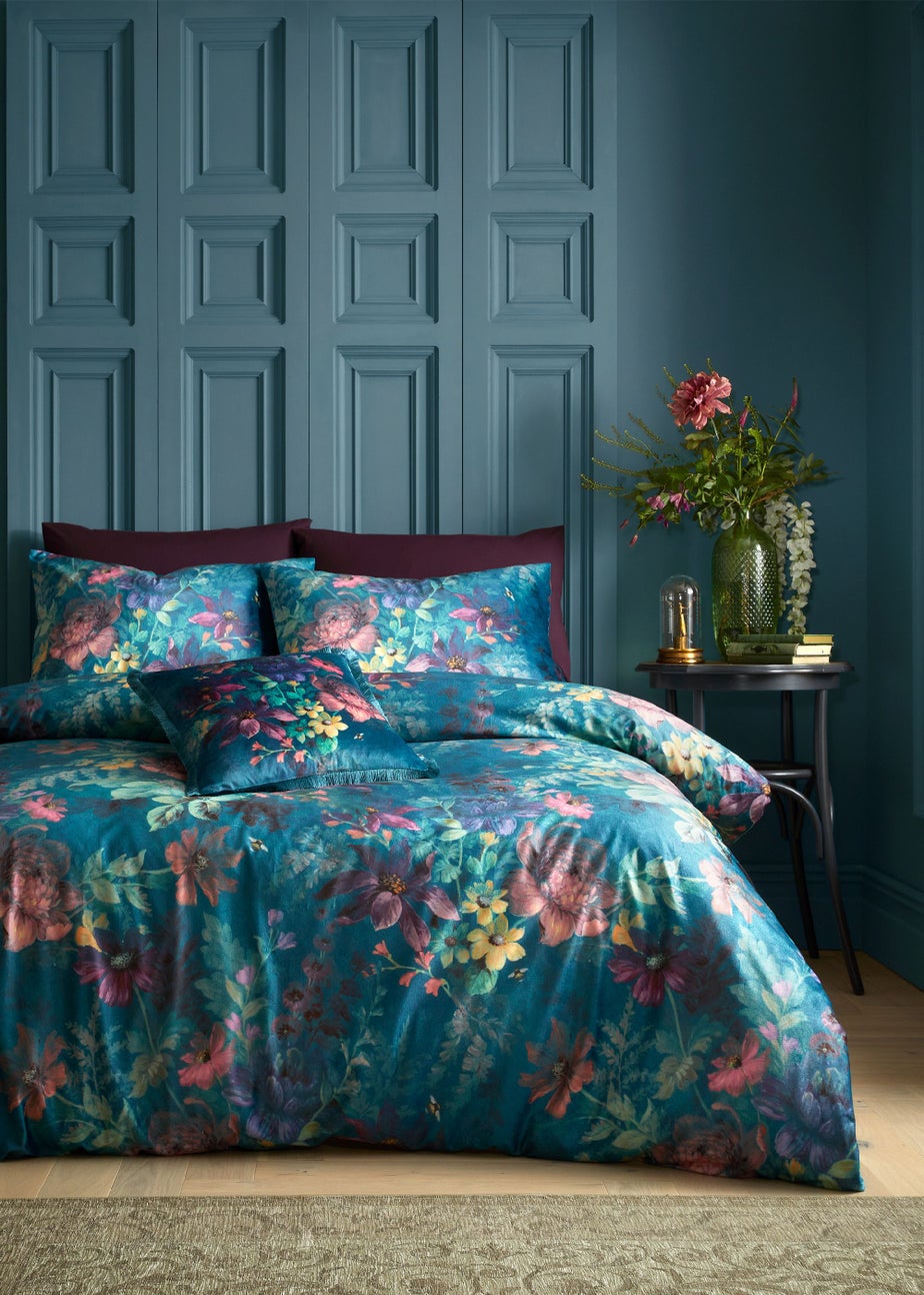 Bridgerton By Catherine Lansfield Romantic Floral Soft Velvet Duvet Cover Set Teal Green