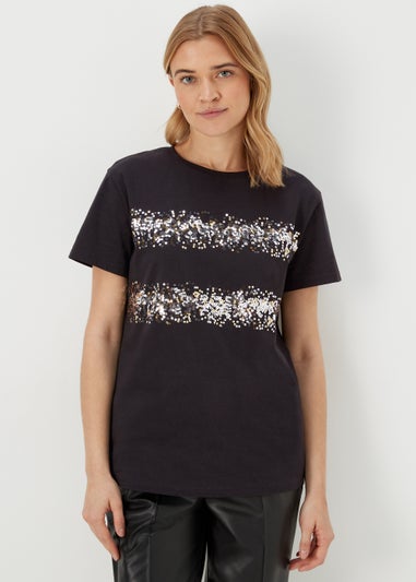 Black Sequin Stripe T-Shirt