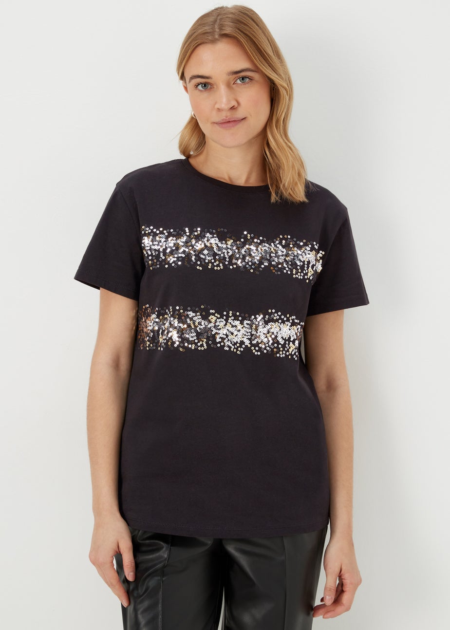 Black Sequin Stripe T-Shirt