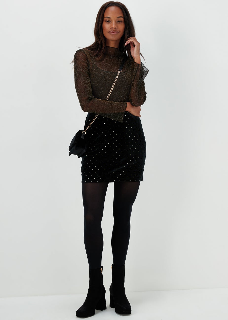 Black Metallic Long Sleeve Mesh Top