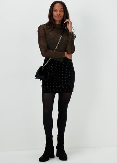 Black Metallic Long Sleeve Mesh Top