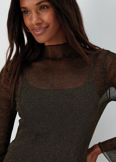 Black Metallic Long Sleeve Mesh Top