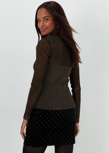 Black Metallic Long Sleeve Mesh Top