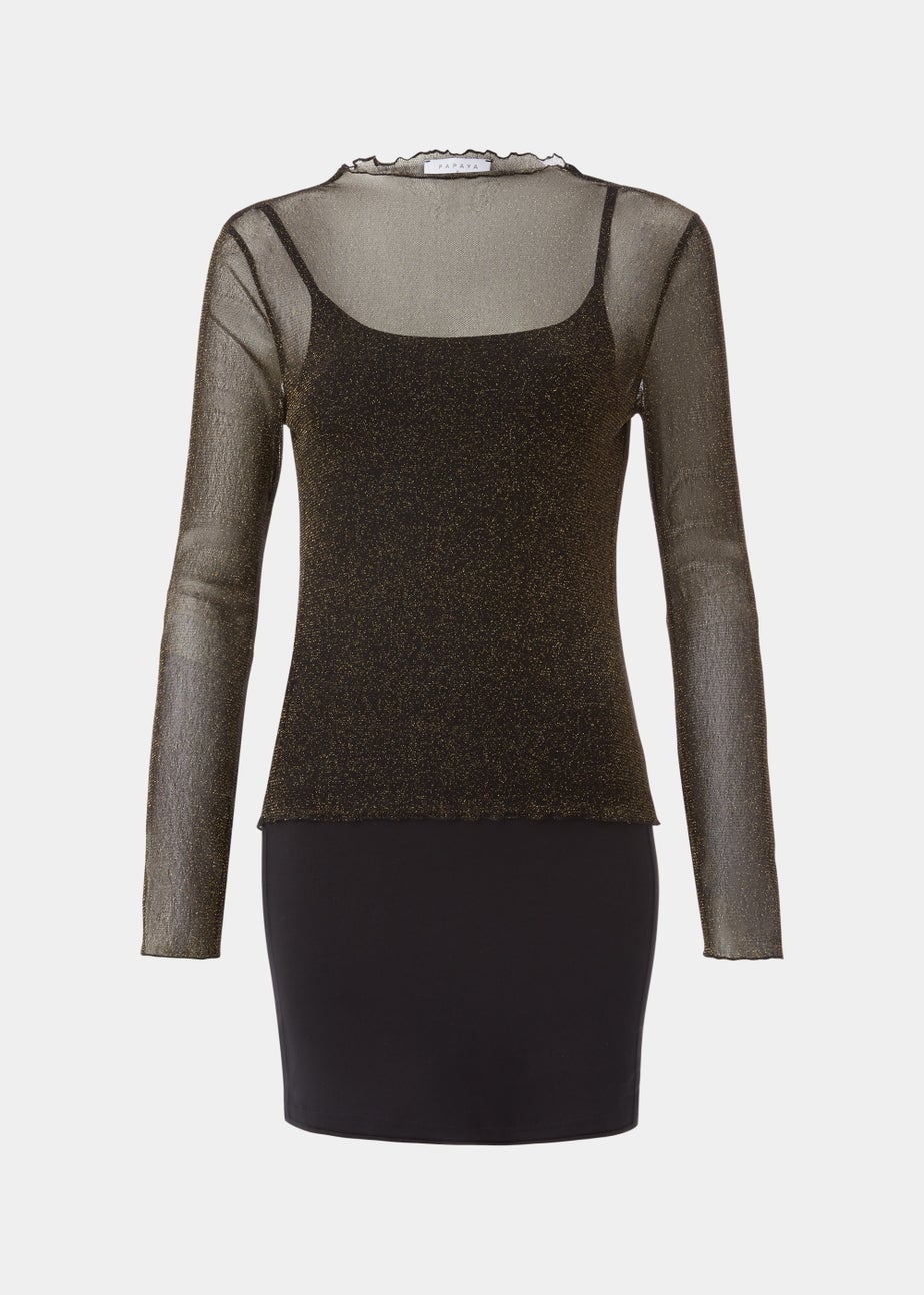 Black Metallic Long Sleeve Mesh Top