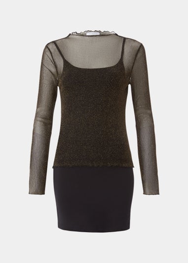 Black Metallic Long Sleeve Mesh Top