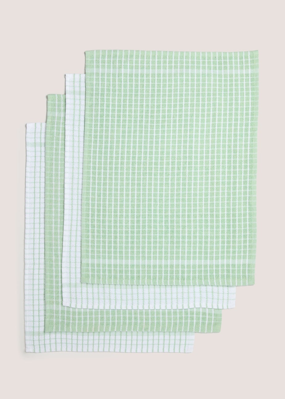 4 Pack Light Green Check Terry Tea Towels (60cm x 45cm)
