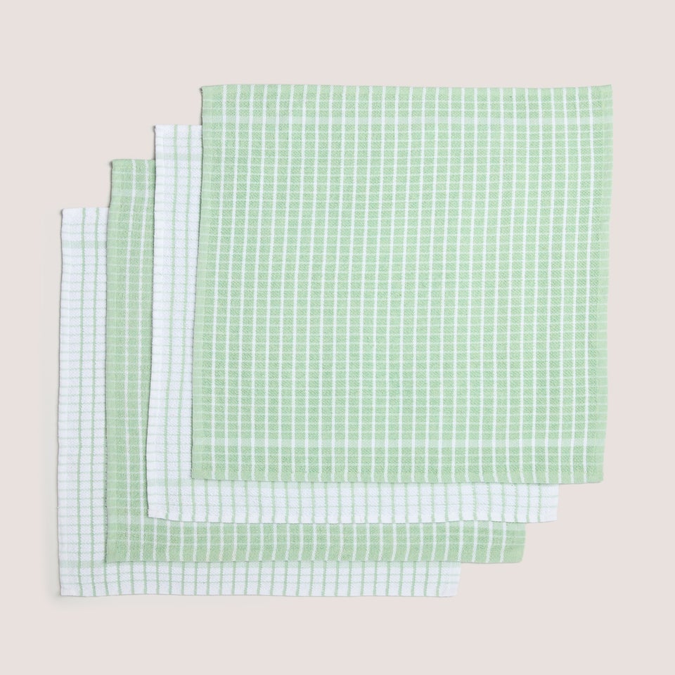4 Pack Light Green Check Terry Tea Towels (60cm x 45cm)