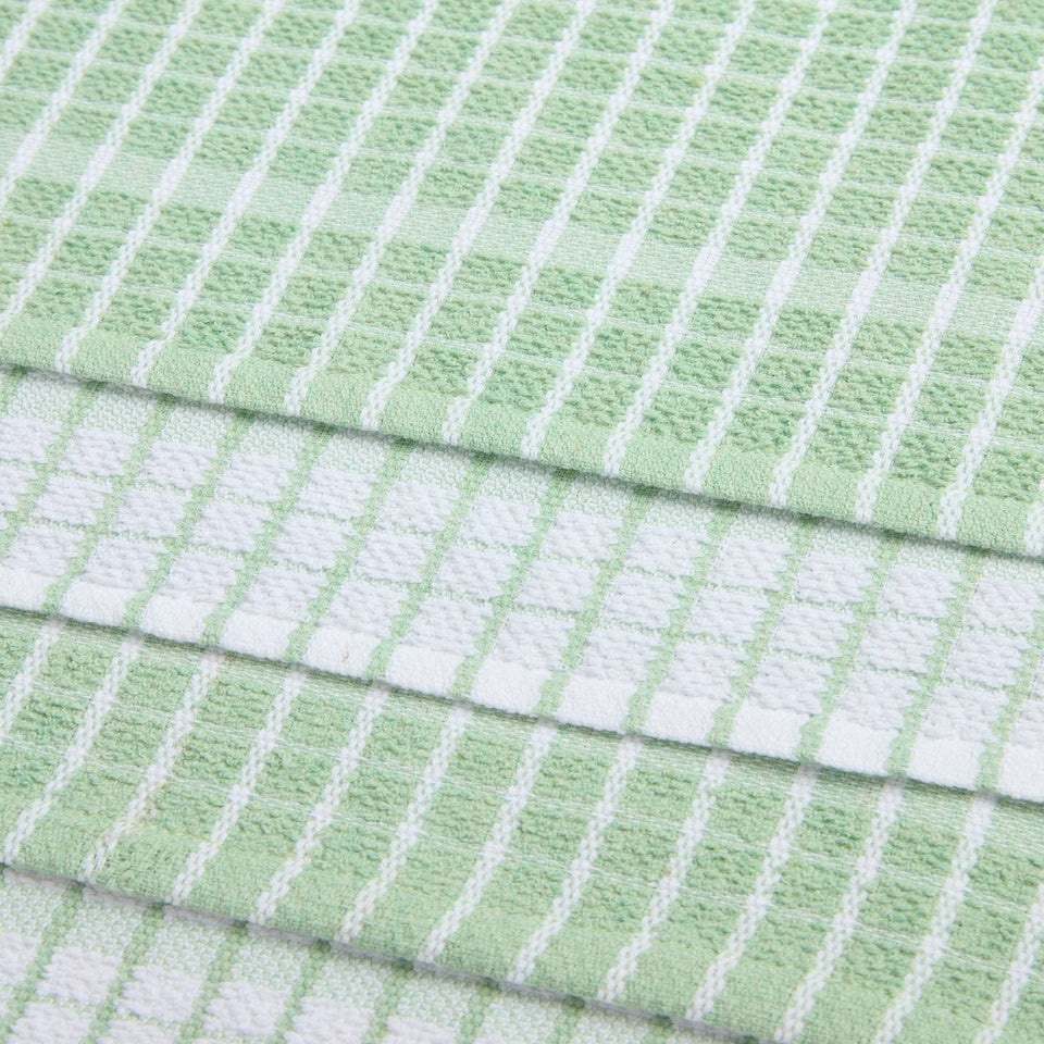 4 Pack Light Green Check Terry Tea Towels (60cm x 45cm)