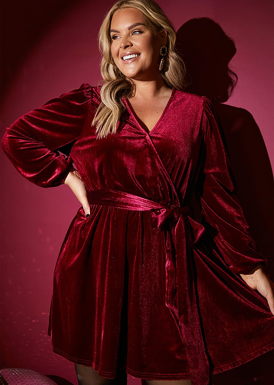 In The Style Jess Millichamp Burgundy Velvet Wrap Mini Dress