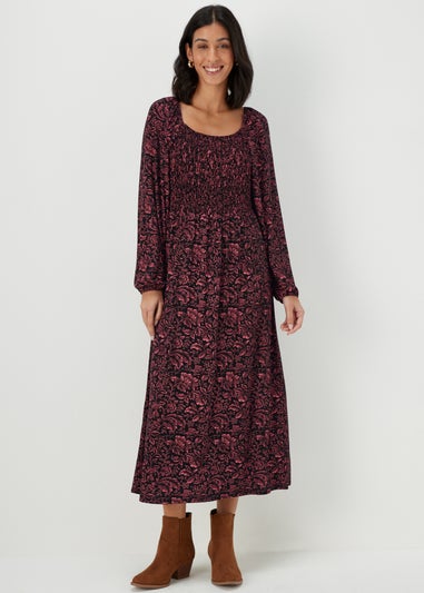 Black Paisley Long Sleeve Shirred Midi Dress