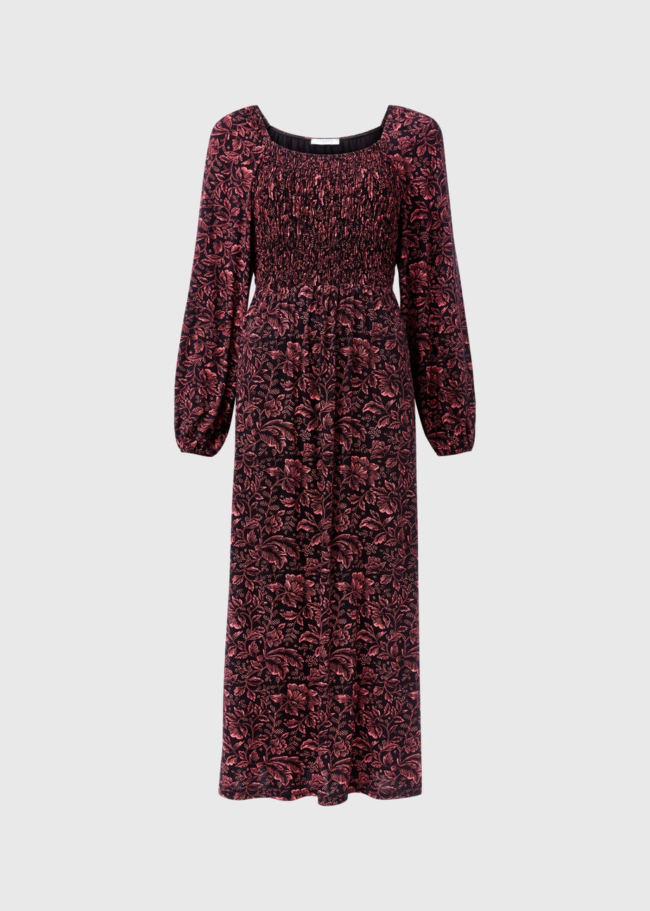 Black Paisley Long Sleeve Shirred Midi Dress