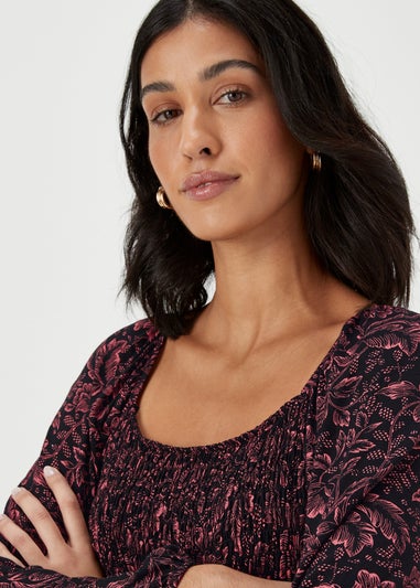 Black Paisley Long Sleeve Shirred Midi Dress