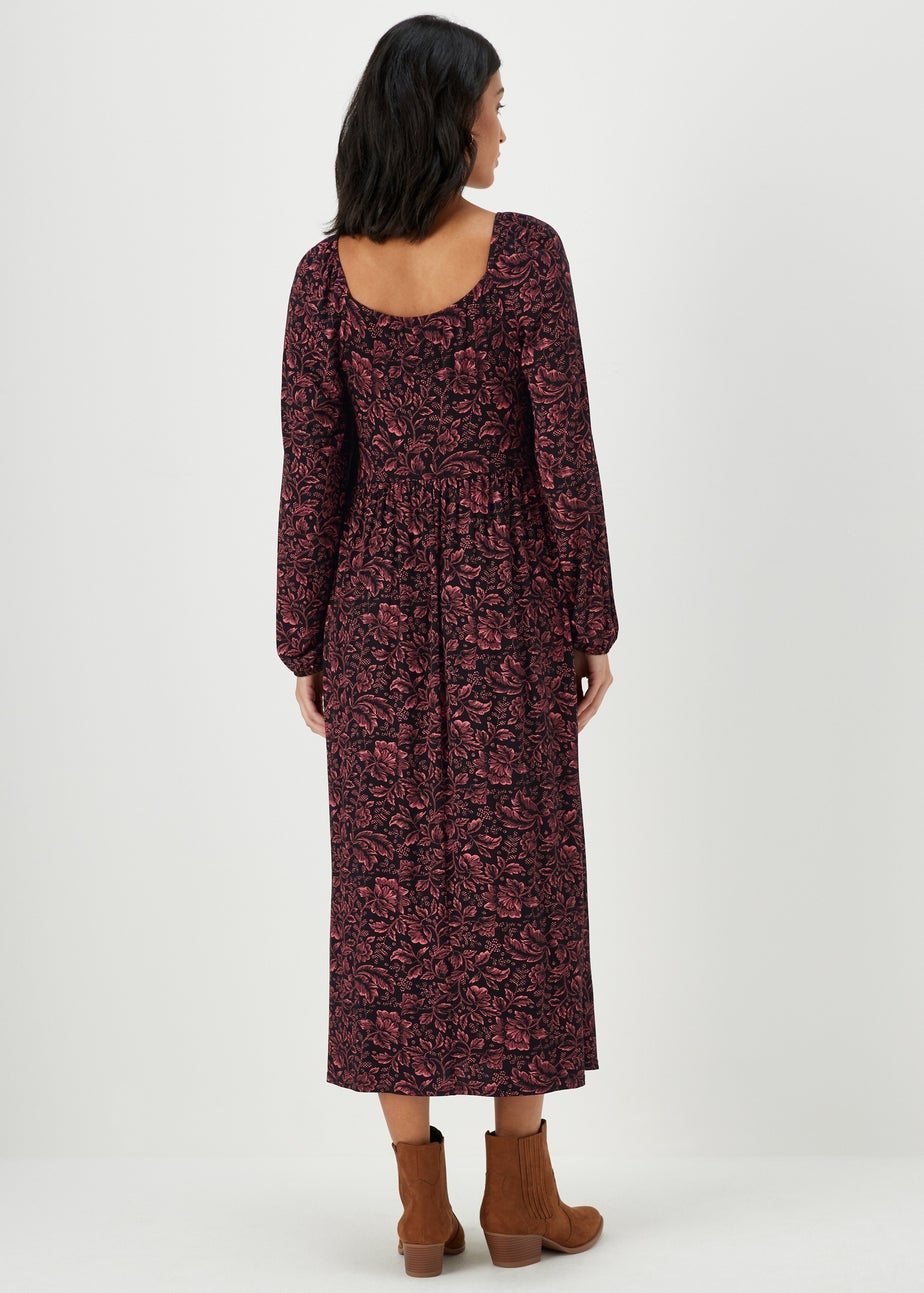 Black Paisley Long Sleeve Shirred Midi Dress