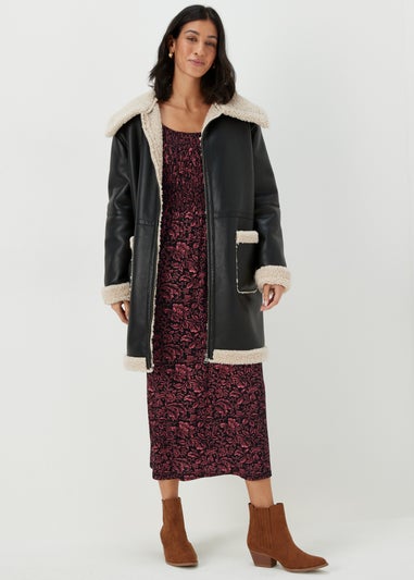 Black Paisley Long Sleeve Shirred Midi Dress