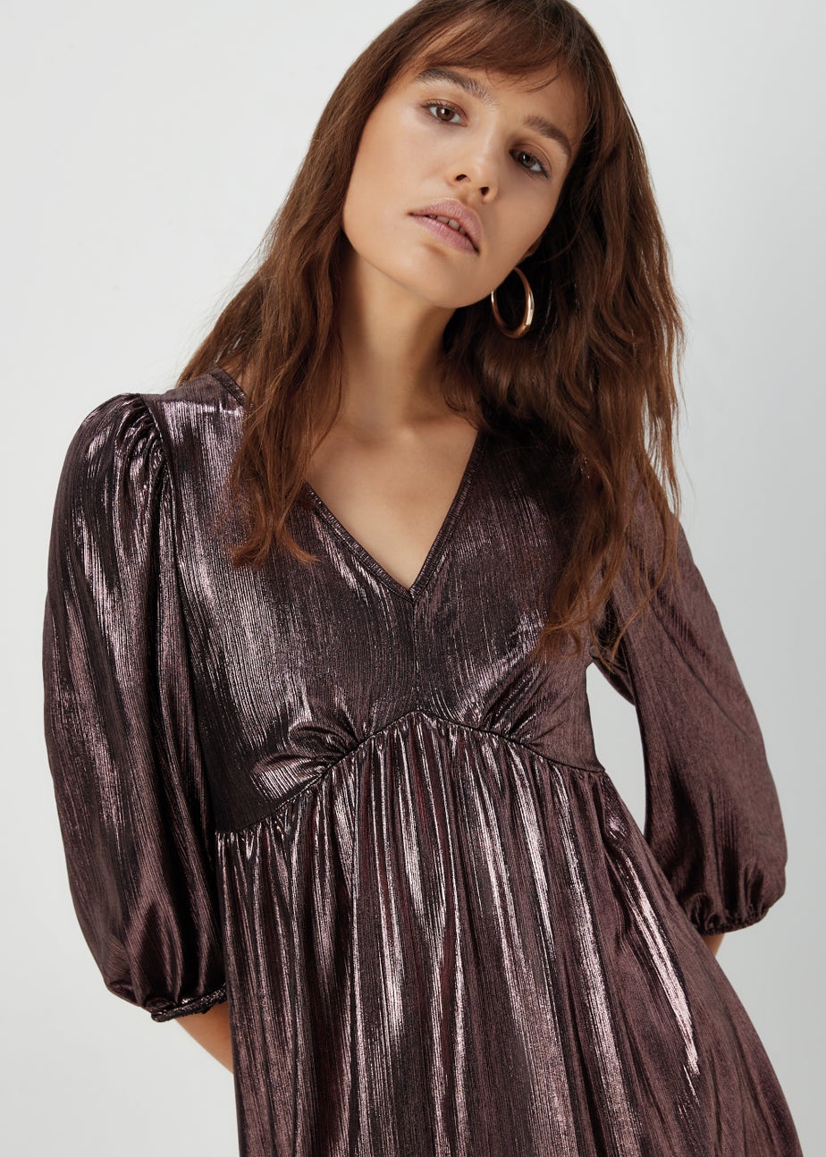 Rose Gold Metallic Ribbed Belted Mini Dress