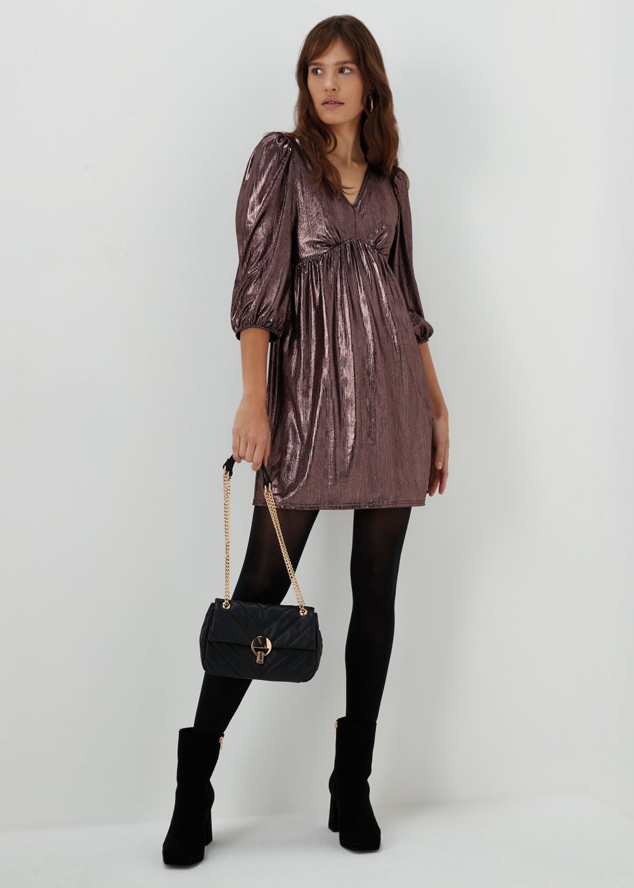 Rose Gold Metallic Ribbed Belted Mini Dress