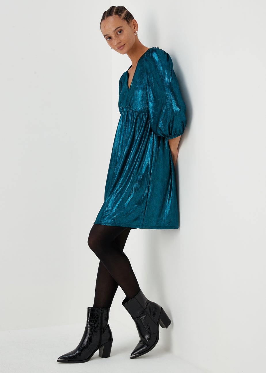 Turquoise Metallic Ribbed Belted Mini Dress