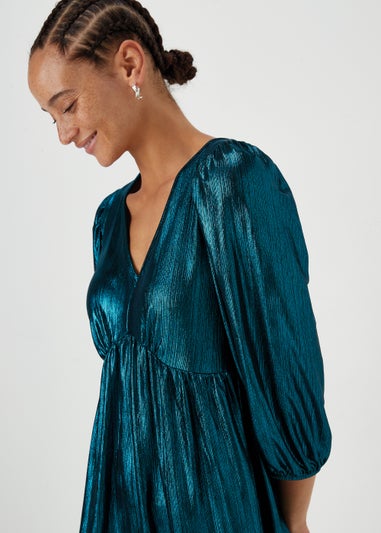 Turquoise Metallic Ribbed Belted Mini Dress