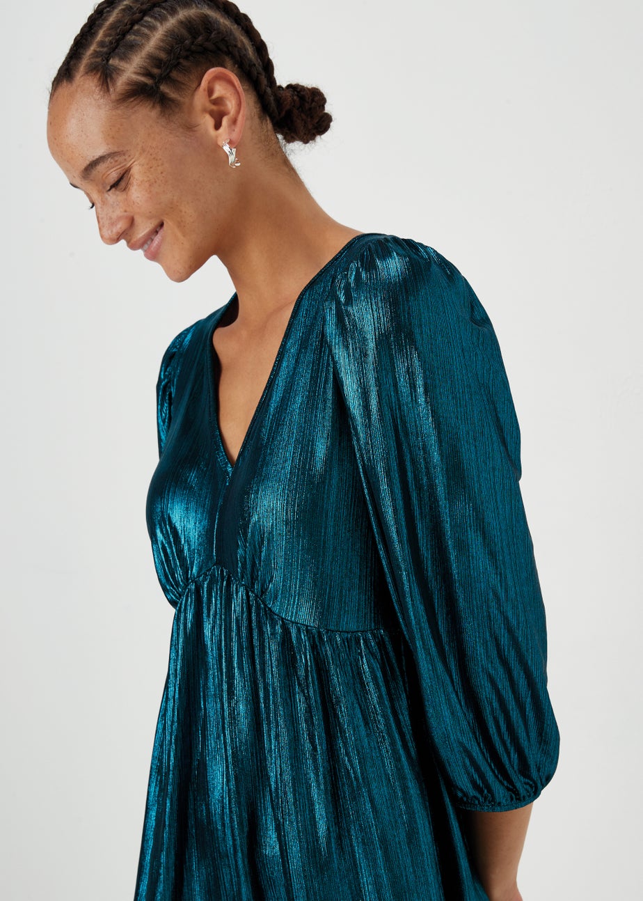 Turquoise Metallic Ribbed Belted Mini Dress