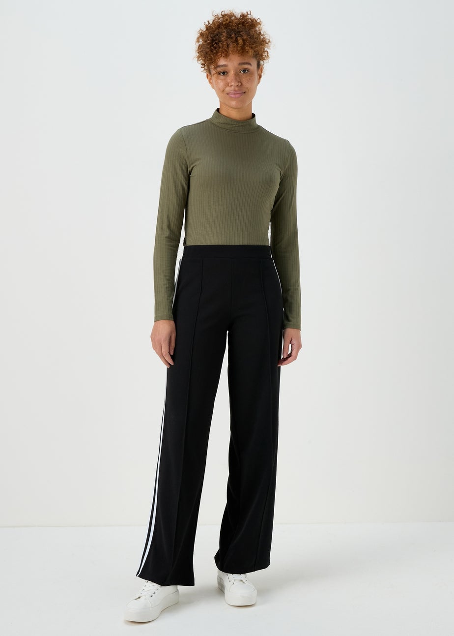 Black Texture Side Stripe Wide Leg Trousers