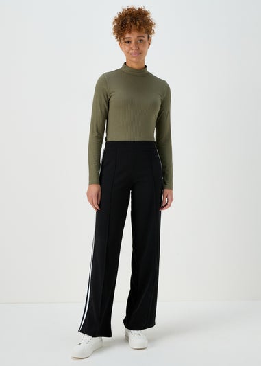 Black Texture Side Stripe Wide Leg Trousers