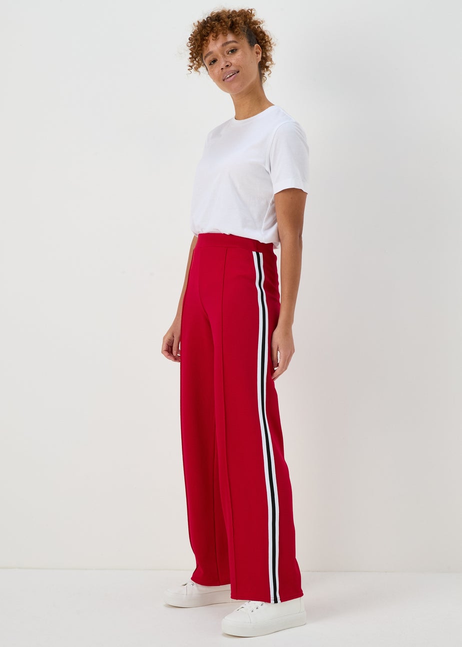 Red Texture Side Stripe Wide Leg Trousers