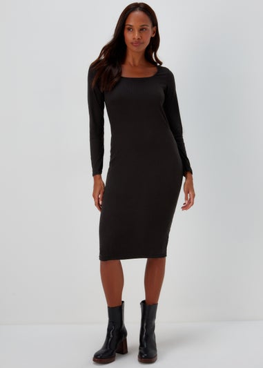 Black Square Neck Ribbed Long Sleeve Midi Dress