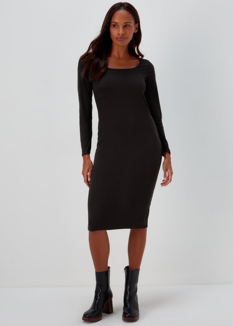 Black Square Neck Ribbed Long Sleeve Midi Dress