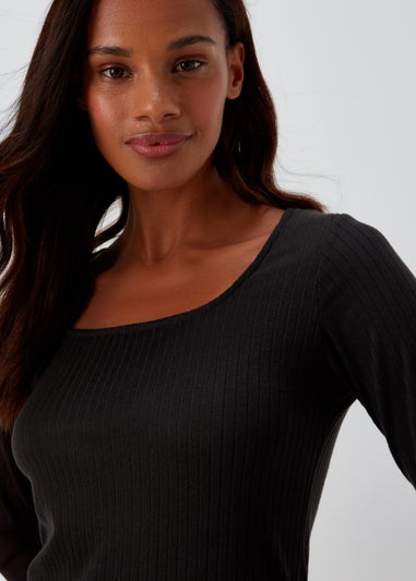 Black Square Neck Ribbed Long Sleeve Midi Dress