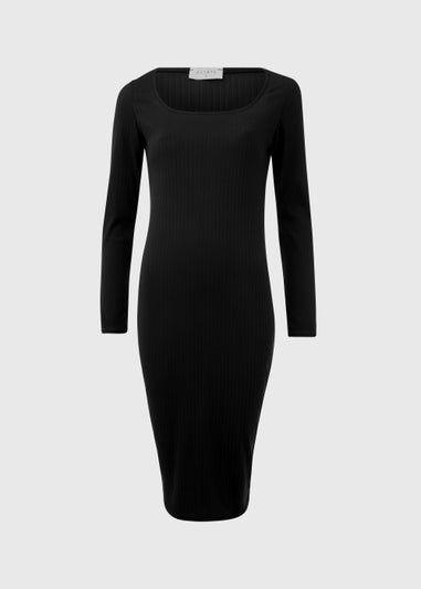 Black Square Neck Ribbed Long Sleeve Midi Dress