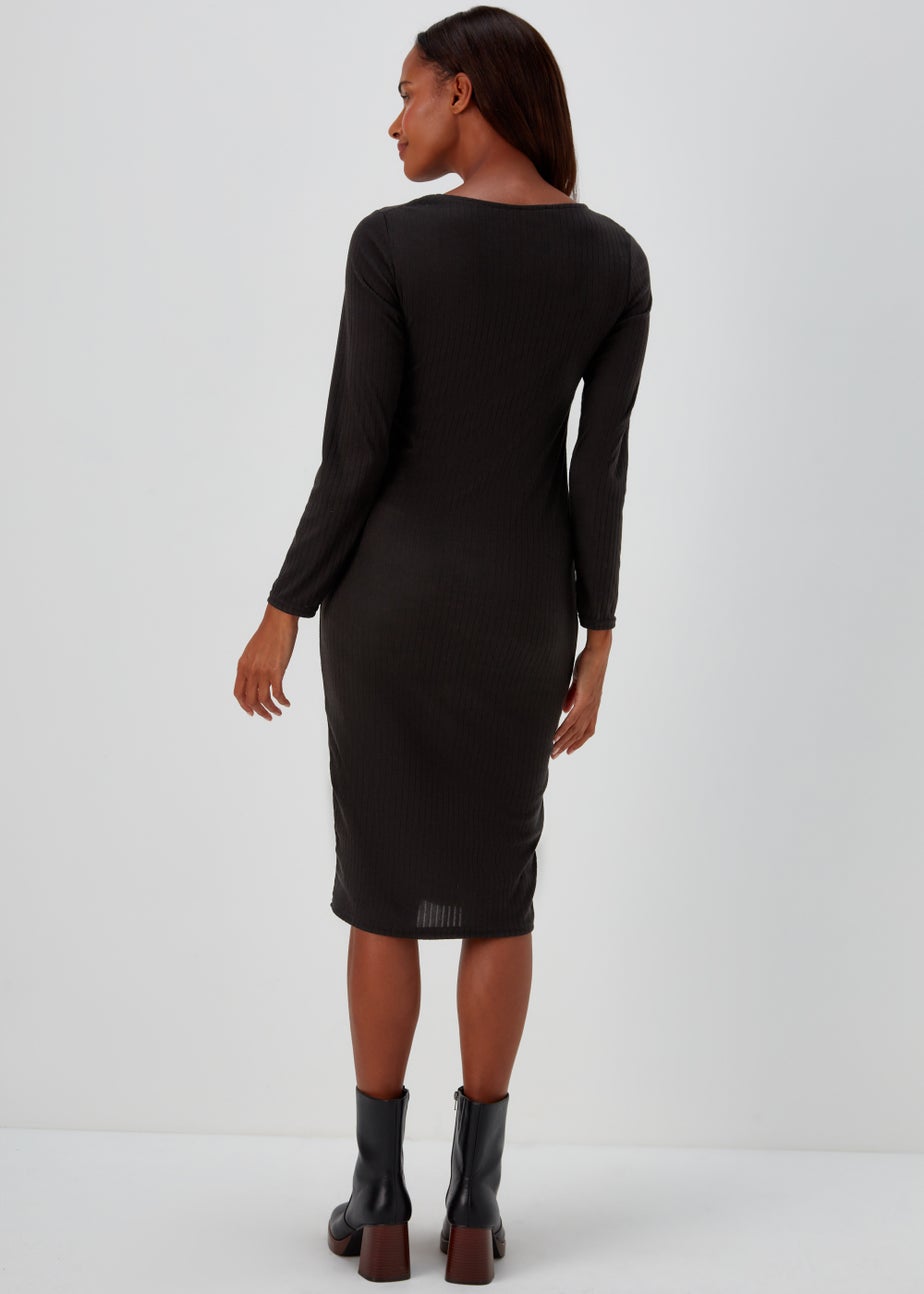 Black Square Neck Ribbed Long Sleeve Midi Dress