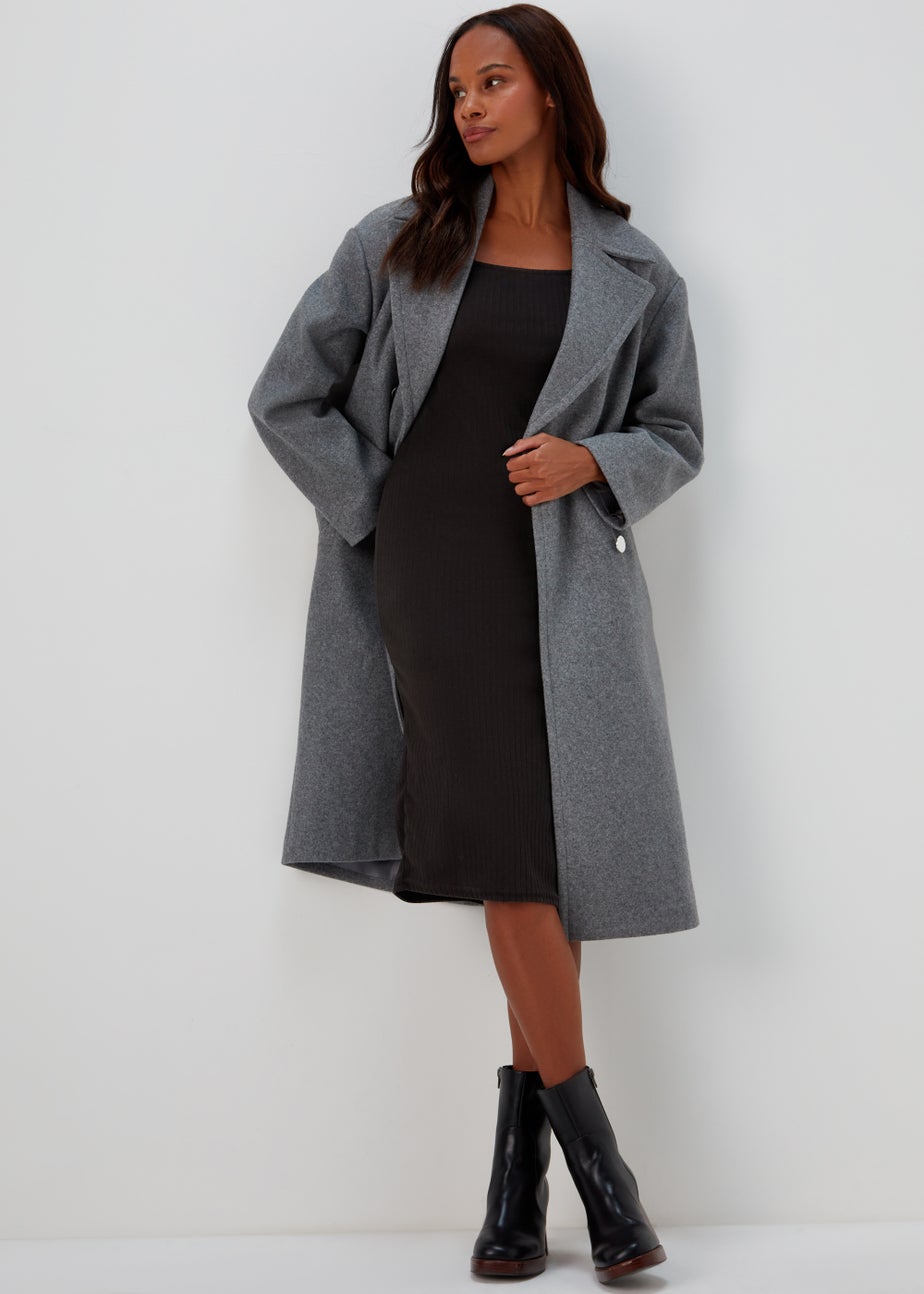 Black Square Neck Ribbed Long Sleeve Midi Dress