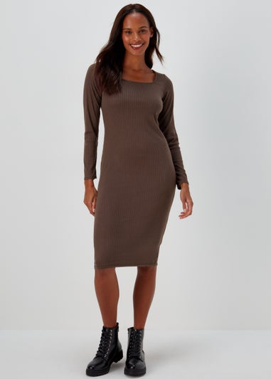Brown Square Neck Ribbed Long Sleeve Midi Dress