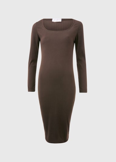Brown Square Neck Ribbed Long Sleeve Midi Dress