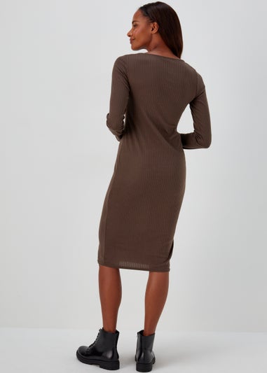 Brown Square Neck Ribbed Long Sleeve Midi Dress