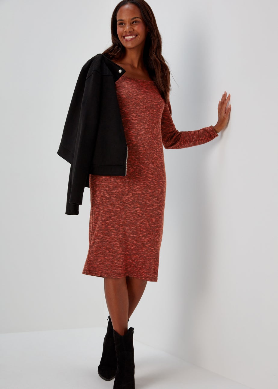 Red Space Dye Square Neck Midi Dress