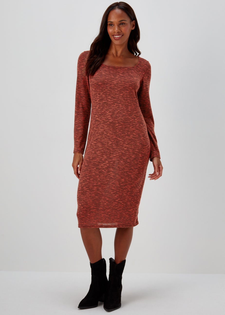 Red Space Dye Square Neck Midi Dress