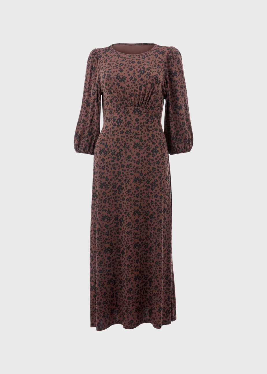 Tan Floral Empire Midi Dress