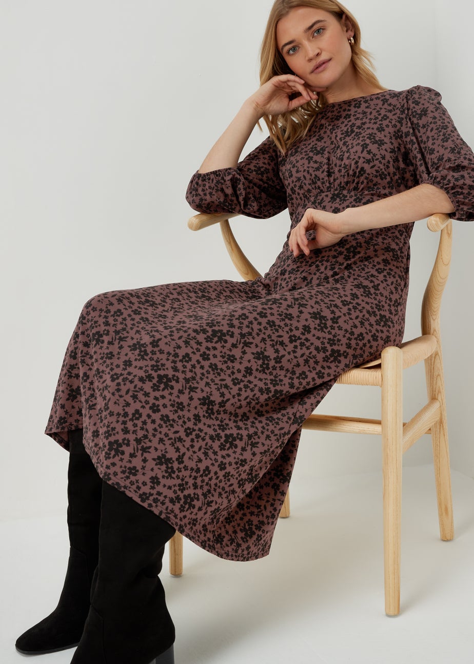 Tan Floral Empire Midi Dress